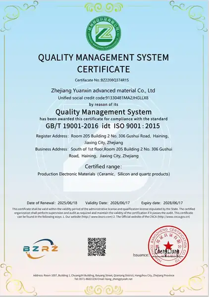 ISO 9001 Quality Management System Certificate